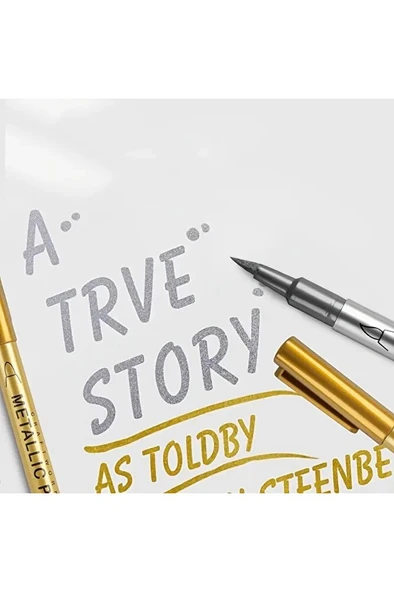 Gümüş metalik brush marker kaligrafi kalemi, cam kalemi, davetiye, süsleme, balon, bardak yazı-2 Ad - 2