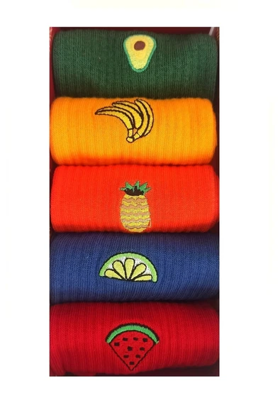 Meyve Işlemeli Çoraplar, Sevimli Çoraplar, Nakışlı Çoraplar, Unisex Çoraplar 5 Çift No:2 - Resim 2
