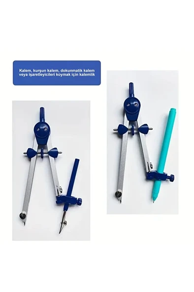 Pergel takımı ayaklı, paslanmaz çelik, mimarlık, mekanik, pergel seti, trilin-kutusunda-mavi renk - Resim 3