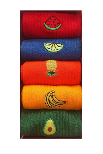 Meyve Işlemeli Çoraplar, Sevimli Çoraplar, Nakışlı Çoraplar, Unisex Çoraplar 5 Çift No:2 ürün görseli