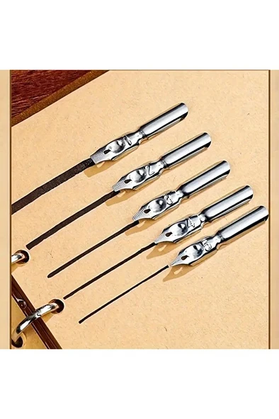 Kaligrafi tüy divit kalem seti, yazı kalem seti, retro dekoratif kalem metal, 1 kalem 6 uç-Mor renk - Resim 5