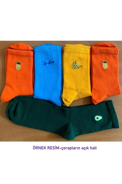 Meyve Işlemeli Çoraplar, Sevimli Çoraplar, Nakışlı Çoraplar, Unisex Çoraplar 5 Çift No:2 - Resim 5