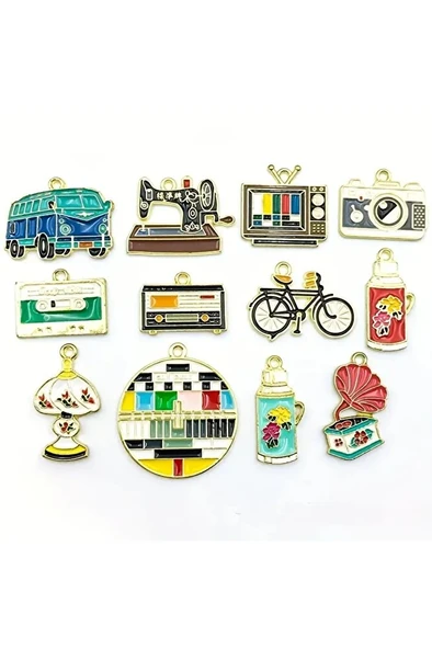 Vintage kolye, nostalji kolye, özel tasarım boyalı retro kolye-12 adet