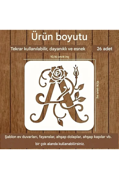 Kaligrafi harf şablonları 26 Parça 10x10cm-Çiçek Harf Şablonu, Boyama sticker ürün görseli