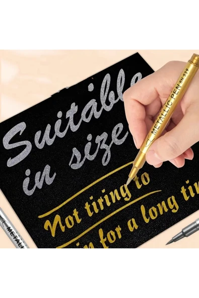 Altın-Gümüş brush metalik marker kaligrafi kalemi, cam kalemi, balon yazı, süsleme, bardak yazı-2 Ad - 3