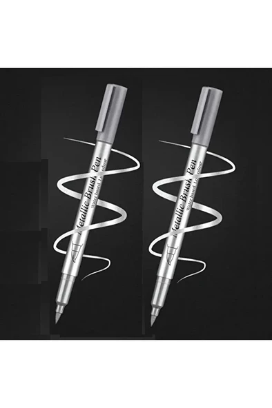 Gümüş metalik brush marker kaligrafi kalemi, cam kalemi, davetiye, süsleme, balon, bardak yazı-2 Ad