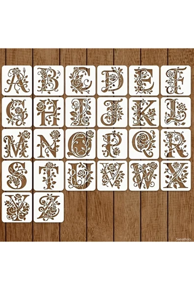 Kaligrafi harf şablonları 26 Parça 10x10cm-Çiçek Harf Şablonu, Boyama sticker - Resim 3
