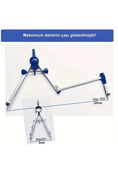 Pergel takımı ayaklı, paslanmaz çelik, mimarlık, mekanik, pergel seti, trilin-kutusunda-mavi renk - Resim 5