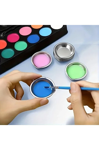 Boya kabı, karıştırma paleti, paslanmaz çelik, fırça yıkama, mürekkep hokkası-3 Adet - Resim 3