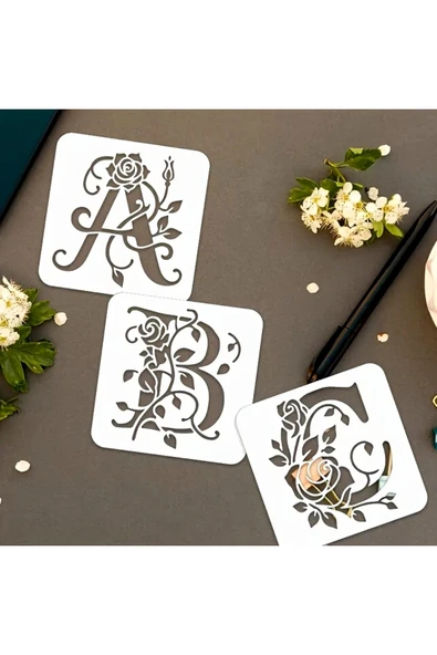 Kaligrafi harf şablonları 26 Parça 10x10cm-Çiçek Harf Şablonu, Boyama sticker - Resim 2