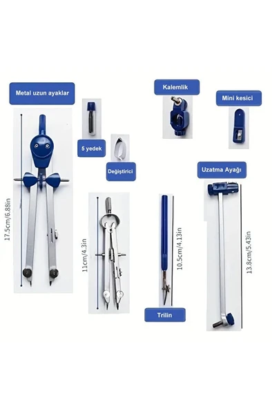 Pergel takımı ayaklı, paslanmaz çelik, mimarlık, mekanik, pergel seti, trilin-kutusunda-mavi renk - Resim 2