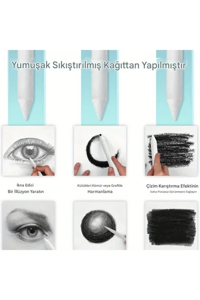 Eskiz karıştırma çubukları, tortillion, kara kalem silgi, gölgelendirme-set, 6 Adet - Resim 4