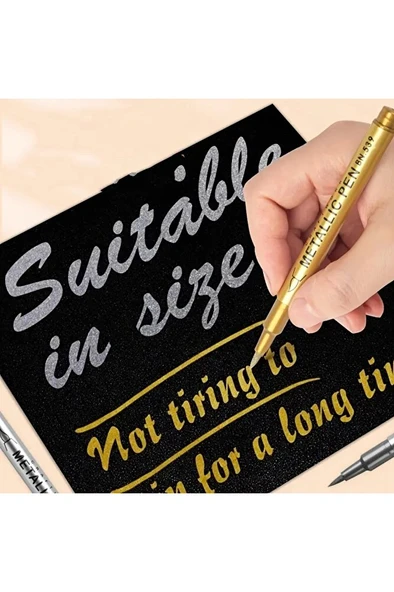 Altın metalik brush marker kaligrafi kalemi, cam kalemi, davetiye, süsleme, balon, bardak yazı-2 Ad - 3