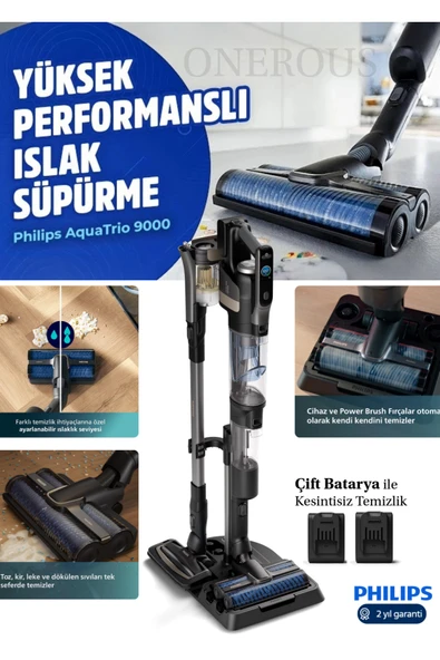 Philips Aqua Trio Çift Batarya 9000 Serisi 3'ü 1 Arada Otomatik kendini temizleme Islak&Kuru Dikey Süpürge