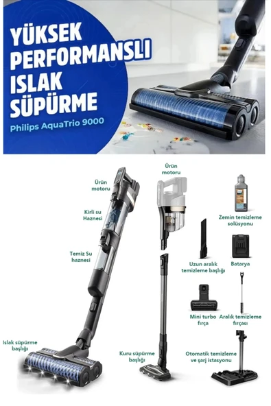 Philips Islak & Kuru Aqua Trio 9000 Seri Premium Dijital Ekran, Yeni Dikey Süpürge