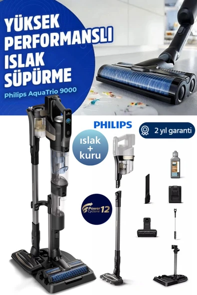 Philips Yeni Nesil Islak & Kuru Aqua Trio 9000 Seri Dijital Ekran, Hibrit Güç Motorlu Kablosuz Dik Süpürge