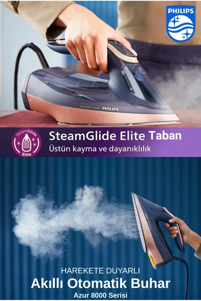 Philips Yeni Seri Azur Buharlı Ütü, OptimalTEMP Teknoloji, SteamGlide Elite Taban - Akıllı Hızlı Güçlü Buhar - 3