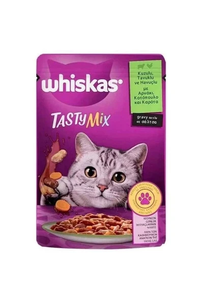 Pouch Tasty Mix Sos İçerisinde Kuzu Etli Tavuklu ve Havuçlu Yetişkin Konserve Kedi Maması 85