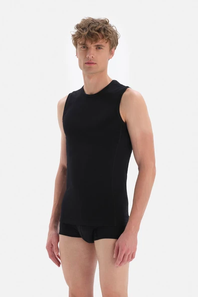 Siyah Sıfır Yaka Penye Kolsuz Erkek Fanila - 2