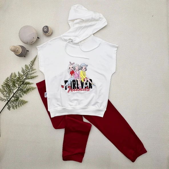 3-4-5 Yaş Forever Cici Kızlar Baskılı Kapşonlu 2li Kız Çocuk Takımı Kırmızı ürün görseli