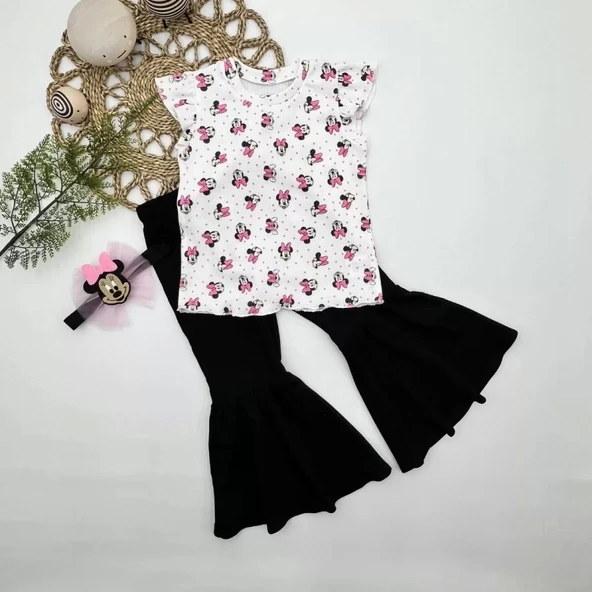 1-2-3-4 Yaş Mickey Baskılı Bandanalı Tişört İspanyol Paçalı Likralı 3lü Kız Çocuk Takımı Siyah ürün görseli