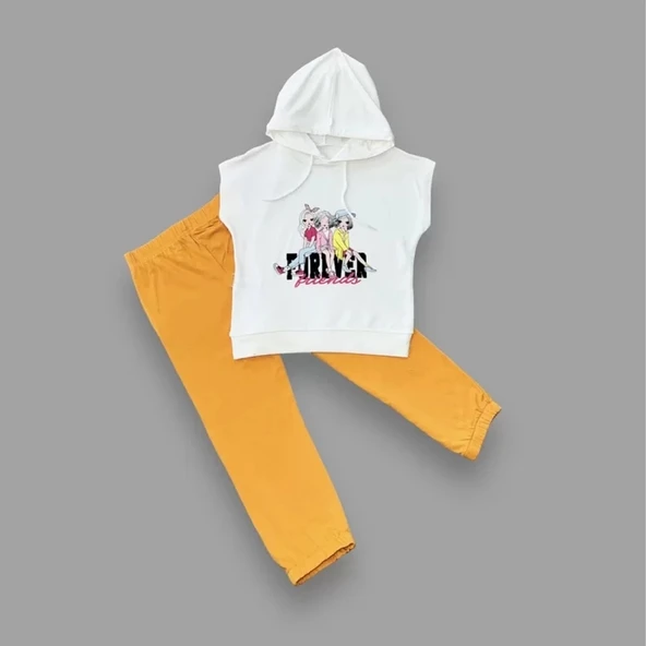 3-4-5 Yaş Forever Cici Kızlar Baskılı Kapşonlu 2li Kız Çocuk Takımı Turuncu - Resim 2