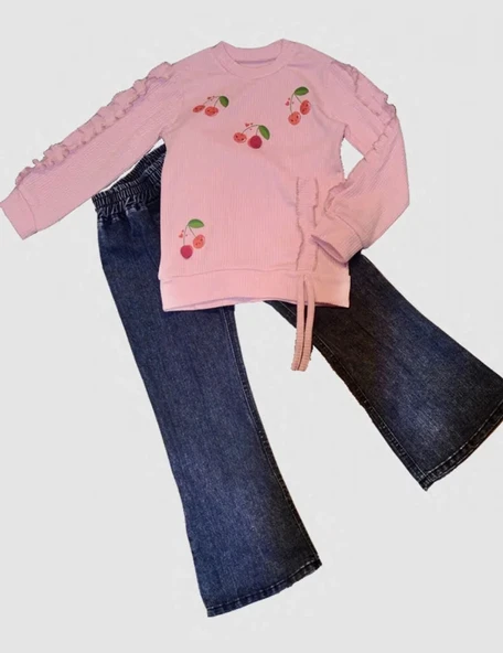4-5-6 Yaş Kot Pantolonlu Kiraz Desenli Penye Sweat Uzun Kollu 2li Kız Çocuk Takımı Pembe ürün görseli