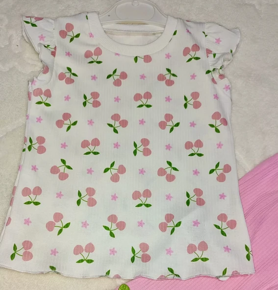 1-2-3-4 Yaş Kiraz Baskılı Tişört İspanyol Paçalı Likralı 2li Kız Çocuk Takımı Pembe - Resim 2