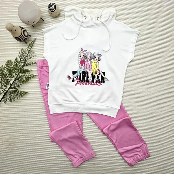 3-4-5 Yaş Forever Cici Kızlar Baskılı Kapşonlu 2li Kız Çocuk Takımı Pembe ürün görseli
