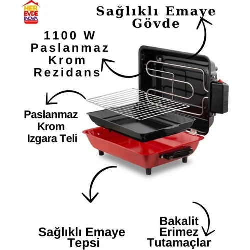 İnova Büyük Boy 40X30 cm Elektrikli Izgara Barbekü Mangal Kebapçı Balıkçı Emaye Gövdeli + Emaye Tepsili - 3