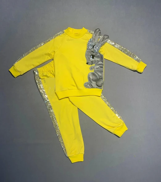 1-2-3 Yaş Payetli Pelüş Tavşan Desenli Likra Penye Kumaş Sweat Pantolonlu Kız 2li Çocuk Takımı Sarı ürün görseli