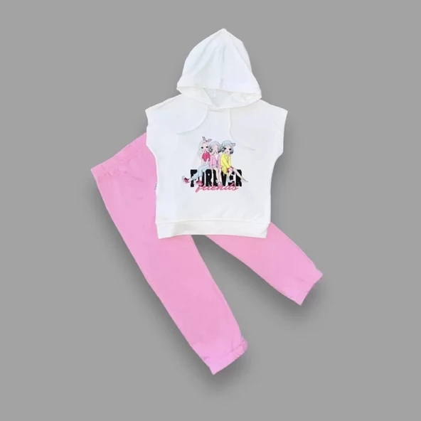 3-4-5 Yaş Forever Cici Kızlar Baskılı Kapşonlu 2li Kız Çocuk Takımı Pembe - Resim 2