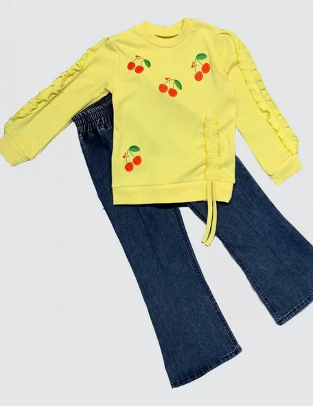 4-5-6 Yaş Kot Pantolonlu Kiraz Desenli Penye Sweat Uzun Kollu 2li Kız Çocuk Takımı Sarı ürün görseli