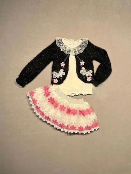 1-2-3 Yaş Brode Etekli Örme Hırkalı Uzun Kollu Sweat 3lü Kız Çocuk Takımı Siyah ürün görseli