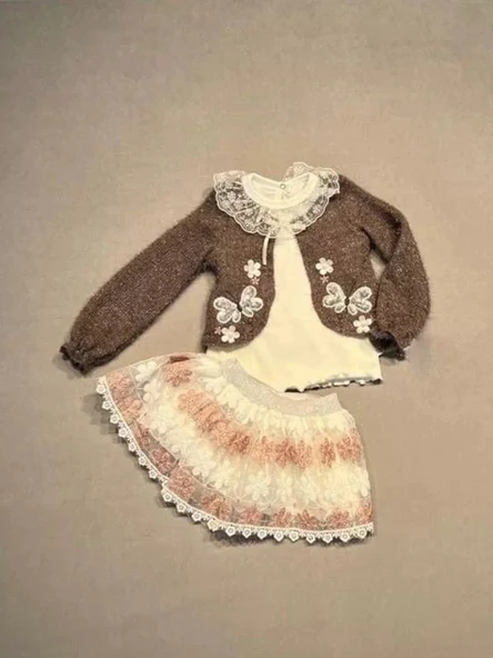 1-2-3 Yaş Brode Etekli Örme Hırkalı Uzun Kollu Sweat 3lü Kız Çocuk Takımı Kahverengi ürün görseli