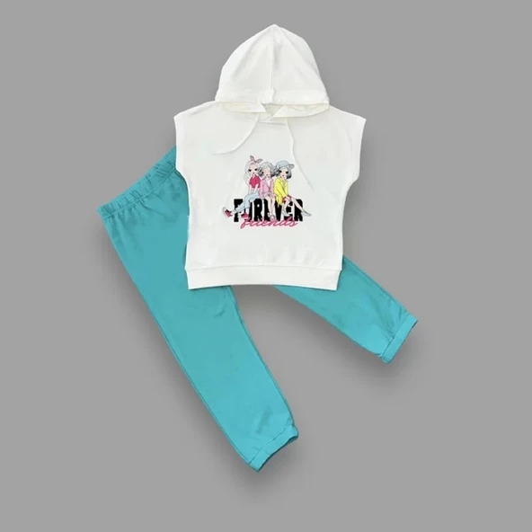 3-4-5 Yaş Forever Cici Kızlar Baskılı Kapşonlu 2li Kız Çocuk Takımı Turkuaz - Resim 2