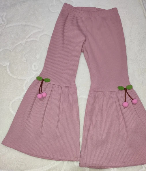 1-2-3-4 Yaş Kiraz Baskılı Tişört İspanyol Paçalı Likralı 2li Kız Çocuk Takımı Gül Kurusu - Resim 3