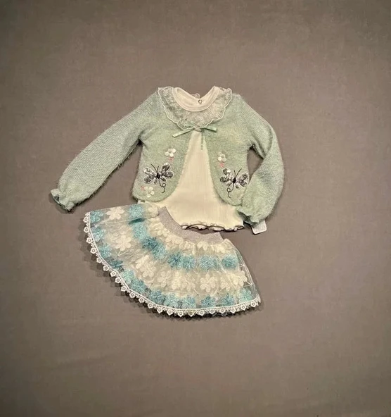 1-2-3 Yaş Brode Etekli Örme Hırkalı Uzun Kollu Sweat 3lü Kız Çocuk Takımı Su Yeşili ürün görseli