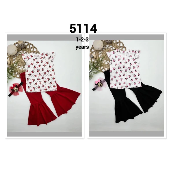 1-2-3-4 Yaş Mickey Baskılı Bandanalı Tişört İspanyol Paçalı Likralı 3lü Kız Çocuk Takımı Siyah - Resim 2