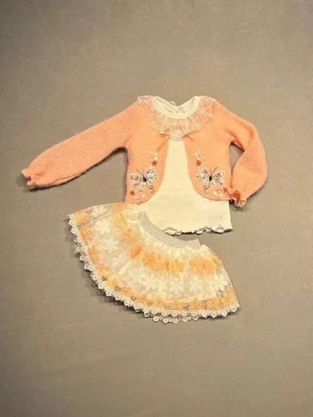 1-2-3 Yaş Brode Etekli Örme Hırkalı Uzun Kollu Sweat 3lü Kız Çocuk Takımı Somon ürün görseli