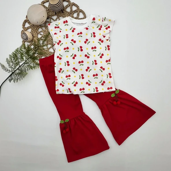 1-2-3-4 Yaş Kiraz Baskılı Tişört İspanyol Paçalı Likralı 2li Kız Çocuk Takımı Kırmızı - Resim 5