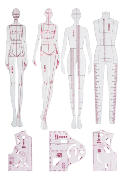 7’li Mini Moda Cetveli Seti  Kumaş Tasarımı, Konfeksiyon ve Prototip Çizim Şablonu ürün görseli 1