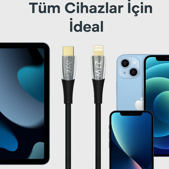 Dayanıklı 27W 3A Şarj ve Data Kablosu 120cm Şeffaf Örgülü, USBC’den Lightning’e - 6