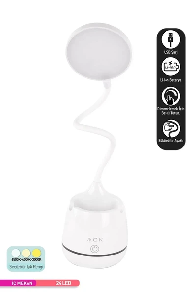 ACK 2,5W (BEYAZ-GÜNIŞIĞI) ŞARJLI DOKUNMATİK DİMLİ BEYAZ MASA LAMBASI - Resim 3