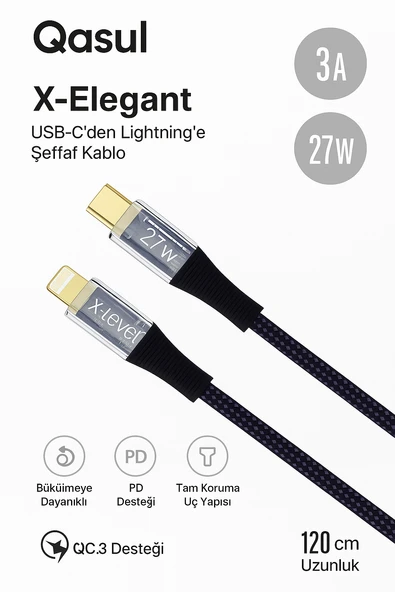 Dayanıklı 27W 3A Şarj ve Data Kablosu 120cm Şeffaf Örgülü, USBC’den Lightning’e