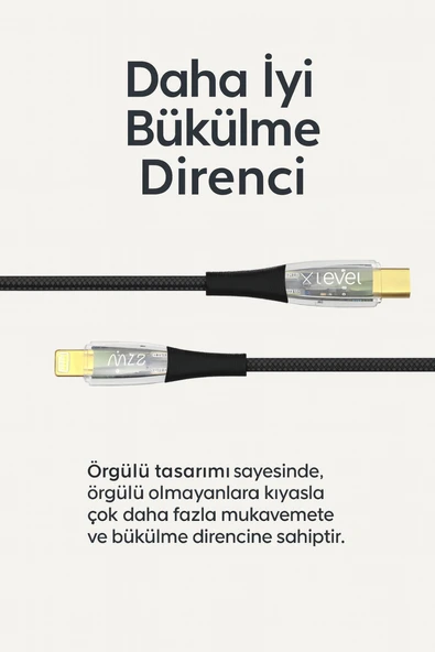 Dayanıklı 27W 3A Şarj ve Data Kablosu 120cm Şeffaf Örgülü, USBC’den Lightning’e - 2