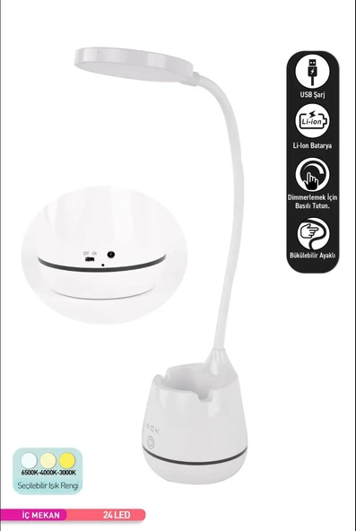ACK 2,5W (BEYAZ-GÜNIŞIĞI) ŞARJLI DOKUNMATİK DİMLİ BEYAZ MASA LAMBASI - Resim 2