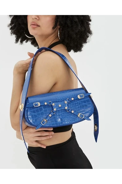 Kadın Ayarlanabilir Kilit Sistem Kroko Desen Mavi Çanta ürün görseli 1