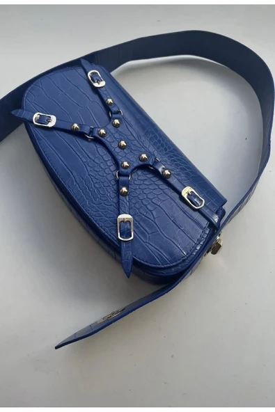 Kadın Ayarlanabilir Kilit Sistem Kroko Desen Mavi Çanta - Resim 2