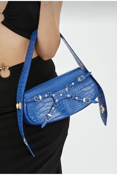 Kadın Ayarlanabilir Kilit Sistem Kroko Desen Mavi Çanta - Resim 3
